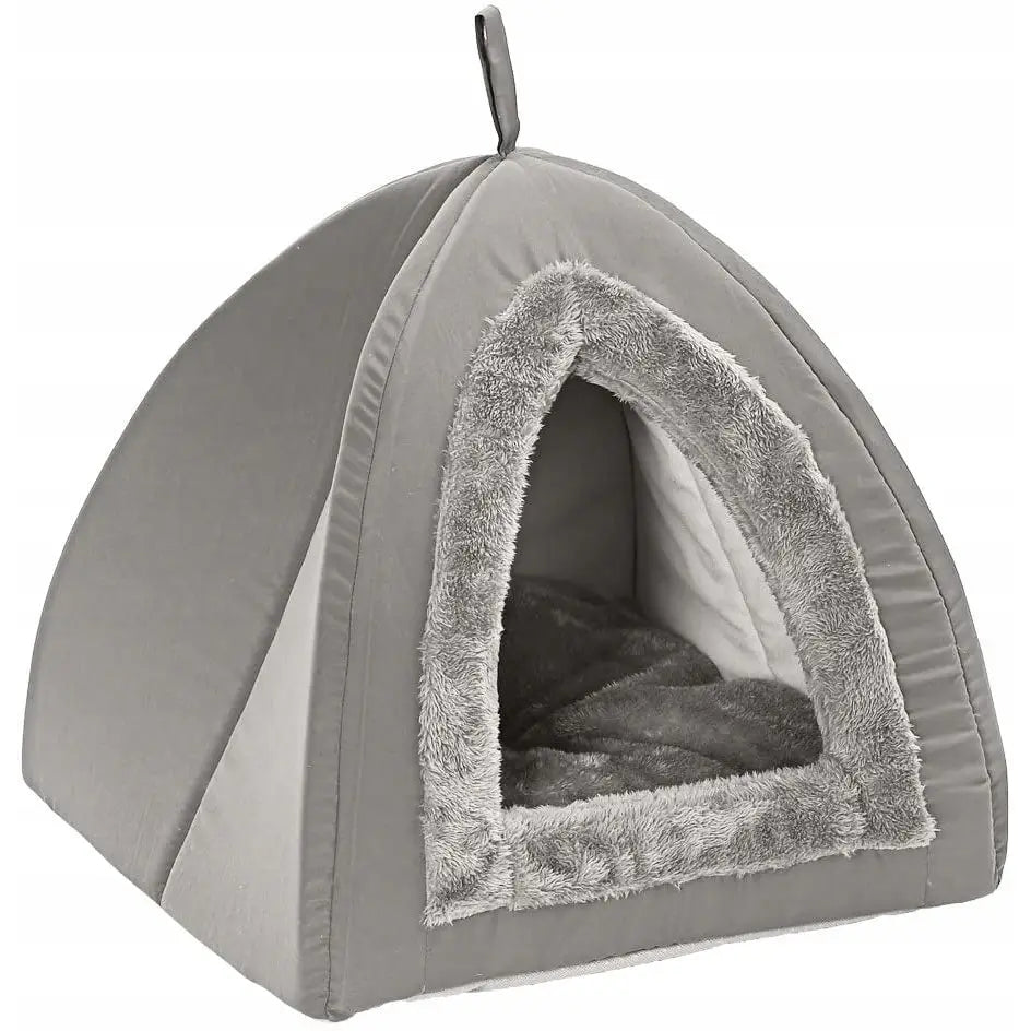 Hus seng hytte kennel for katt og hund i grått stoff, med plysjkant og myk pute, skrå frontvisning.