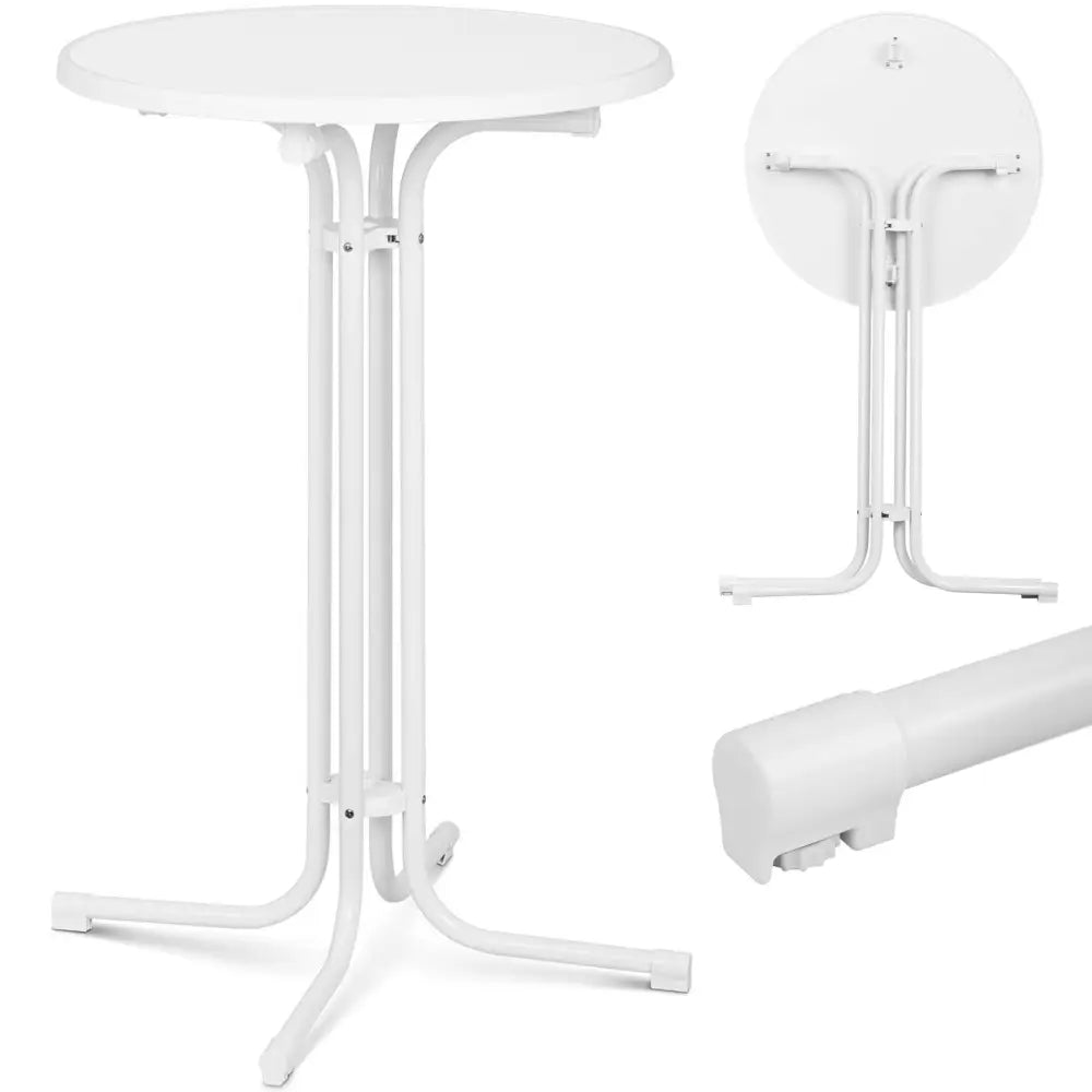 Hvit høy rund barstol i metall, vises både oppslått og sammenfelt med detalj av buet benende.