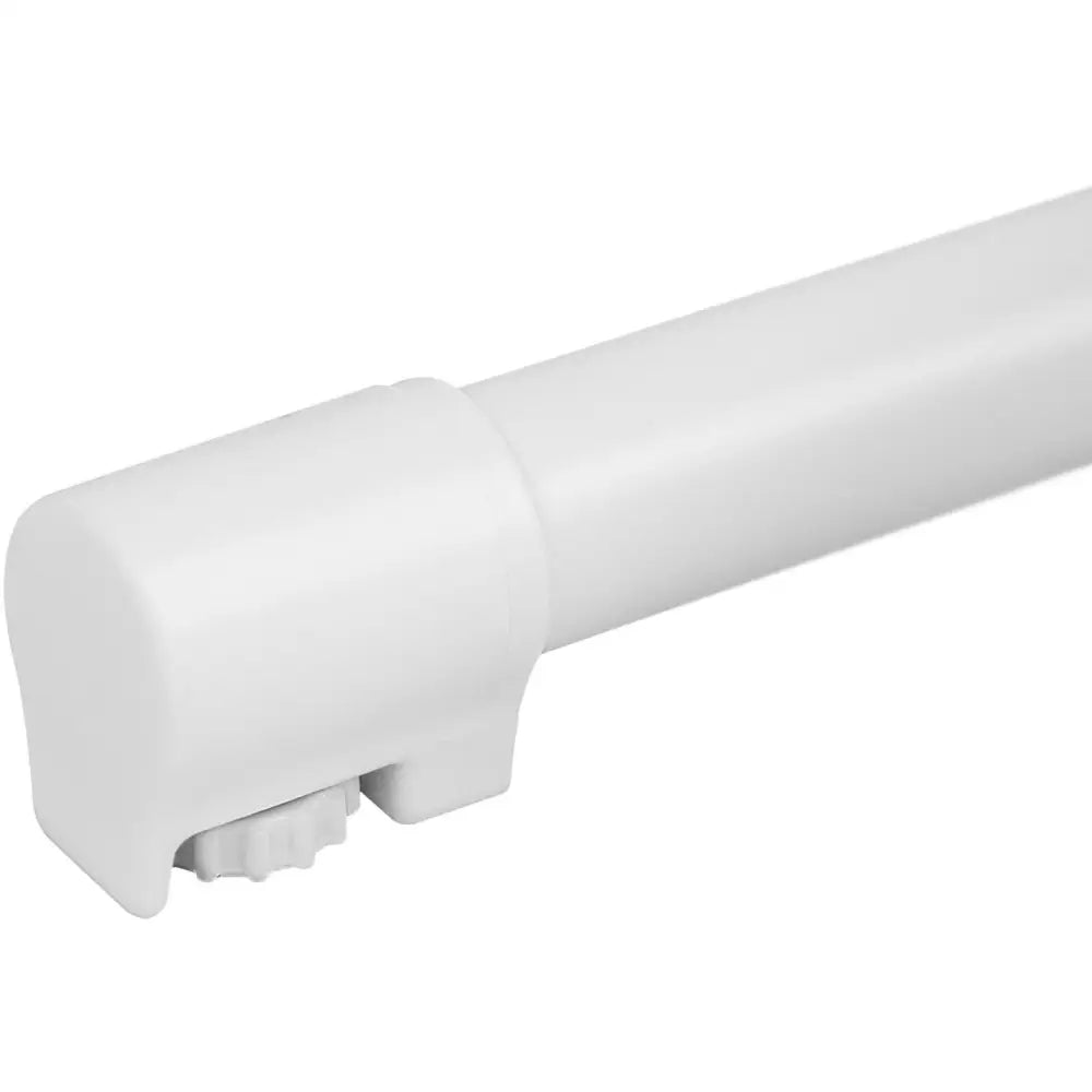 Hvit høy rund barstol, detalj av plaststang med justeringshjul og avrundet ende, sett fra siden.