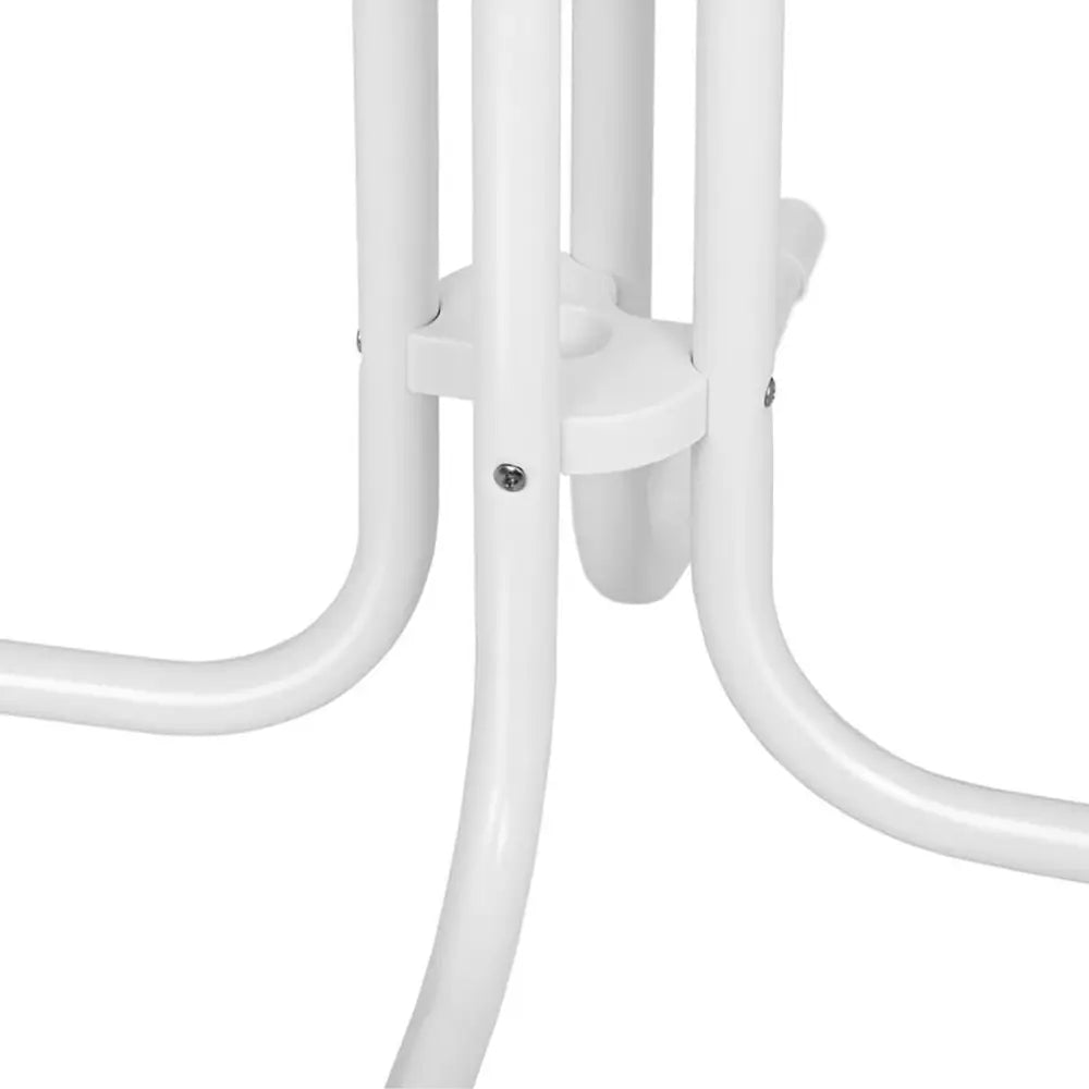 Understell til hvit høy rund barstol, buede metallrør og skruefester sett fra siden på nært hold.