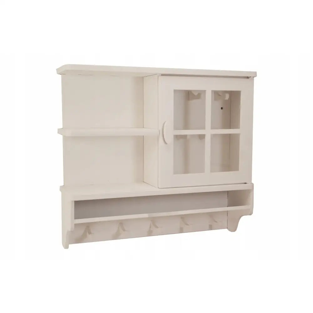 Hvit nøkkelskap med glassdør, åpne hyller og fem knagger, sett skrått forfra på vegg.