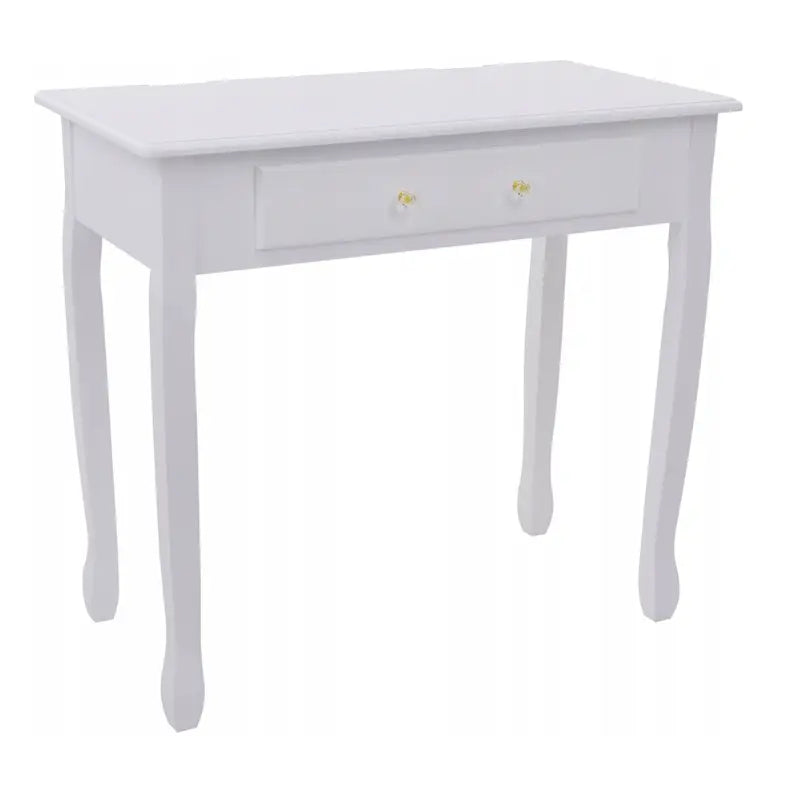 Hvit sminkebord med LED-speil, synlige gullknotter, buede ben og glatt overflate sett fra skrå vinkel.