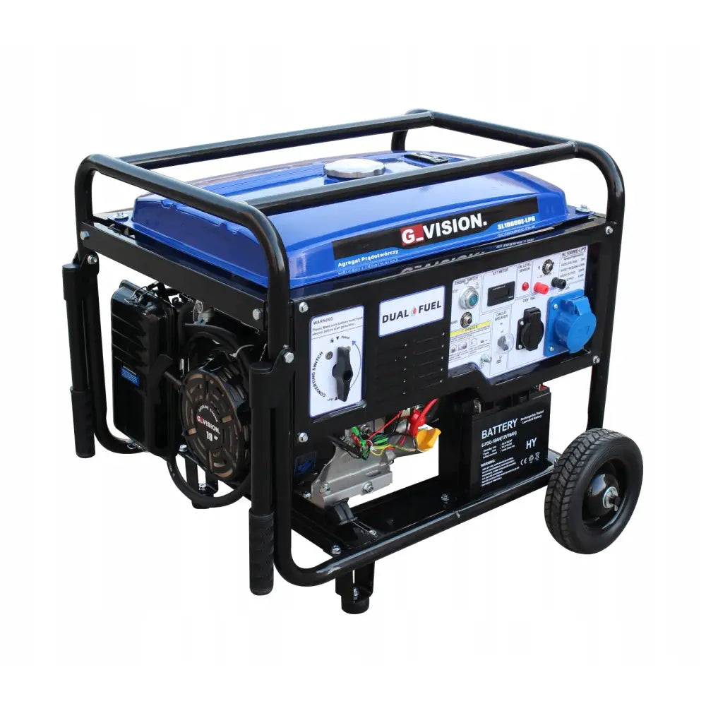 Hybridgenerator Strømaggregat med blå topp, sort ramme, synlig kontrollpanel, hjul og håndtak, sett skrått forfra.