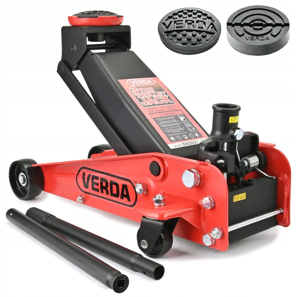 Hydraulisk garasjejekk 3T i rød og svart metall, sidevisning med løfteputer og todelt sort løftestang foran.