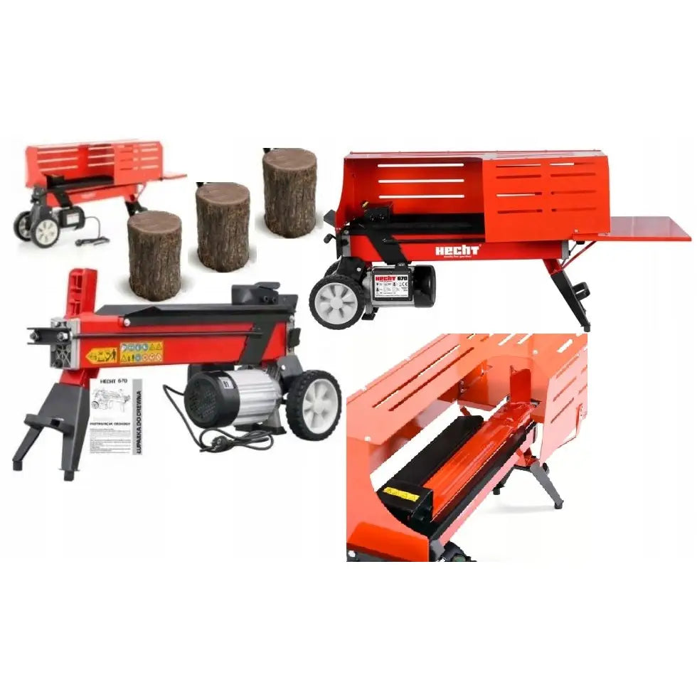 Hydraulisk vedkløyver med rød metallramme, hjul, beskyttelsesdeksel og fokus på kløyvemekanisme med vedkubber.