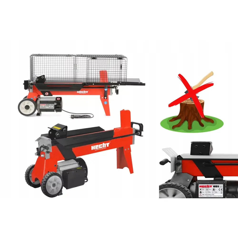 Hydraulisk vedkløyver HUGGER i rødt og svart, med nettingbeskyttelse, store hjul og synlige kontrollpaneler.