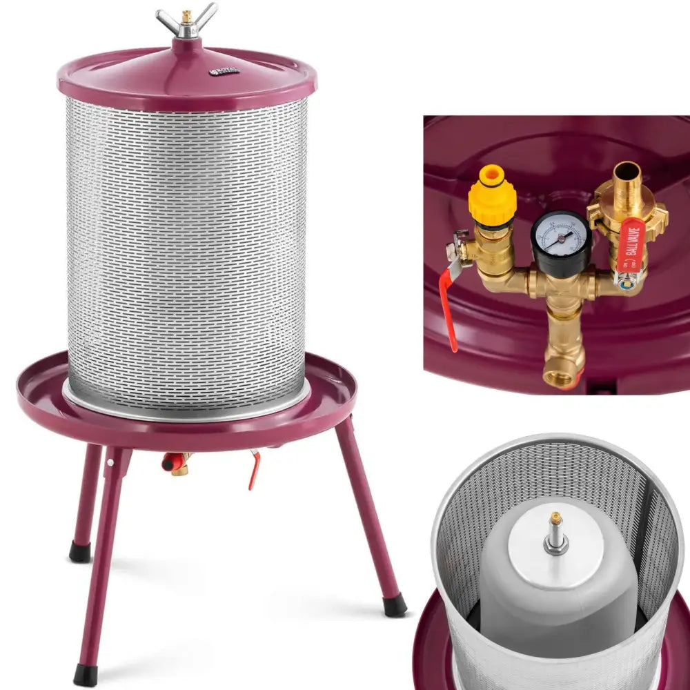 Hydrotrykkpresse for fruktjuice 40 l, frontvisning med trykkmåler og synlig innvendig mekanisme.
