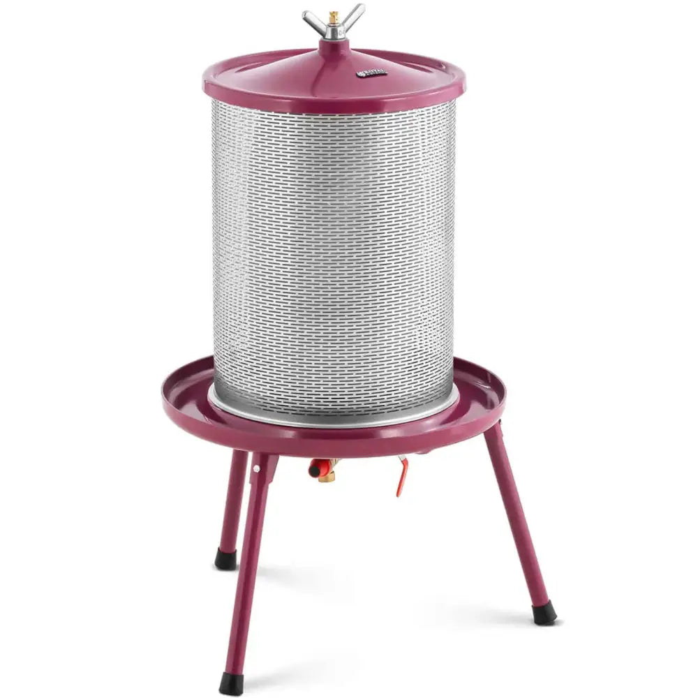 Hydrotrykkpresse for fruktjuice, skrå vinkel som viser perforert stålsylinder, lilla ramme og solide ben.