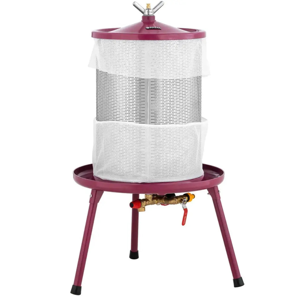 Hydrotrykkpresse for fruktjuice 40 l, sidevisning med hvitt filterklede og rød kran nederst.