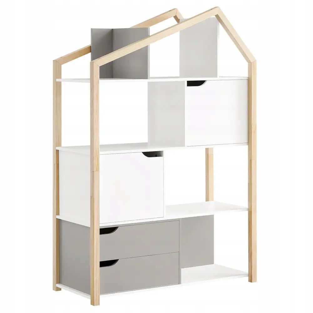 Hylle for barn i husform, hvit og grå med trelist, flere nivåer og skuffer i minimalistisk design.