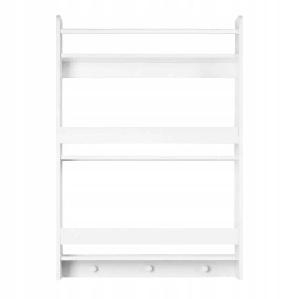 Hylle for småbøker Littlesky, hvit trehylle med tre åpne hyller og fire knagger i minimalistisk stil.