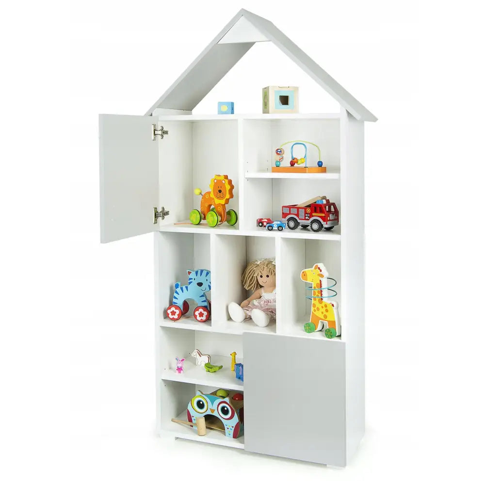 Hyllehus Med To Skap, hvit bokhylle i husform med åpne hyller og skapdører, fylt med barneleker.