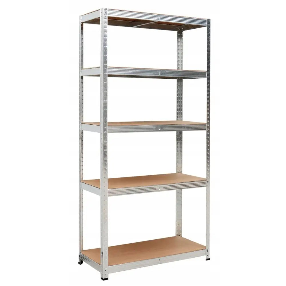 Hyllesystem for lager med fem nivåer, sølvfarget metallramme og lysebrune trehyller sett forfra.
