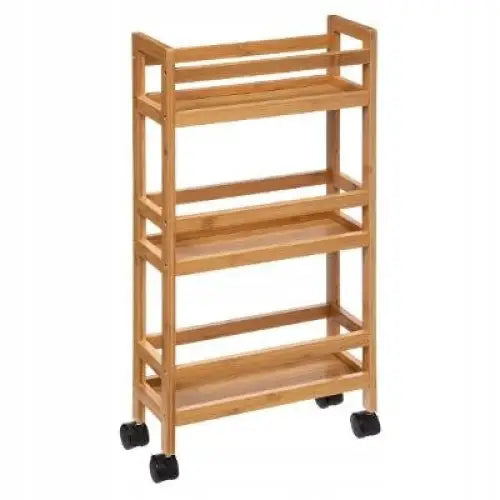 Hyllevogn Natura med tre bambushyller, smal tralle i lyst tre med fire åpne hyller og svarte hjul.