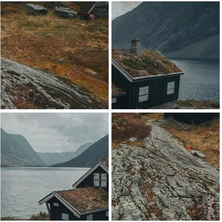 Hytte, Fjord og Fjell lerretsbilde, collage med mørk trehytte i rolig fjell- og innsjølandskap.