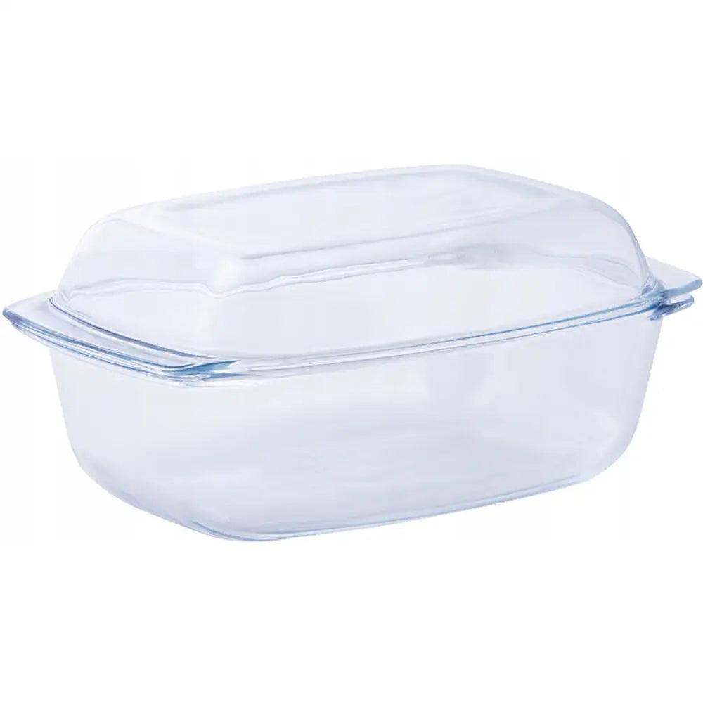 Ildfast form med lokk, rektangulær glassform sett fra siden med håndtak og enkle linjer.