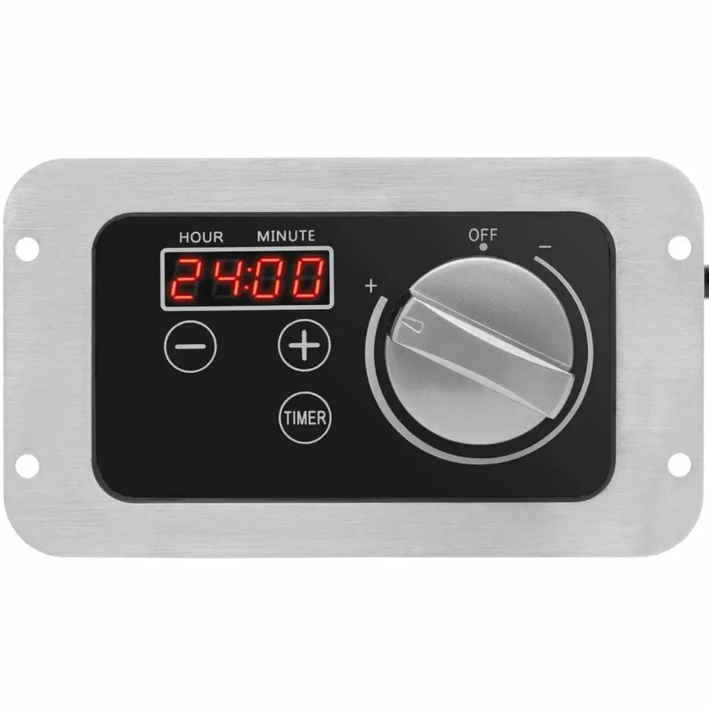 Induksjonskokeplate, nærbilde av digitalt kontrollpanel med rød LED-display, stort dreiehjul og trykknapper.