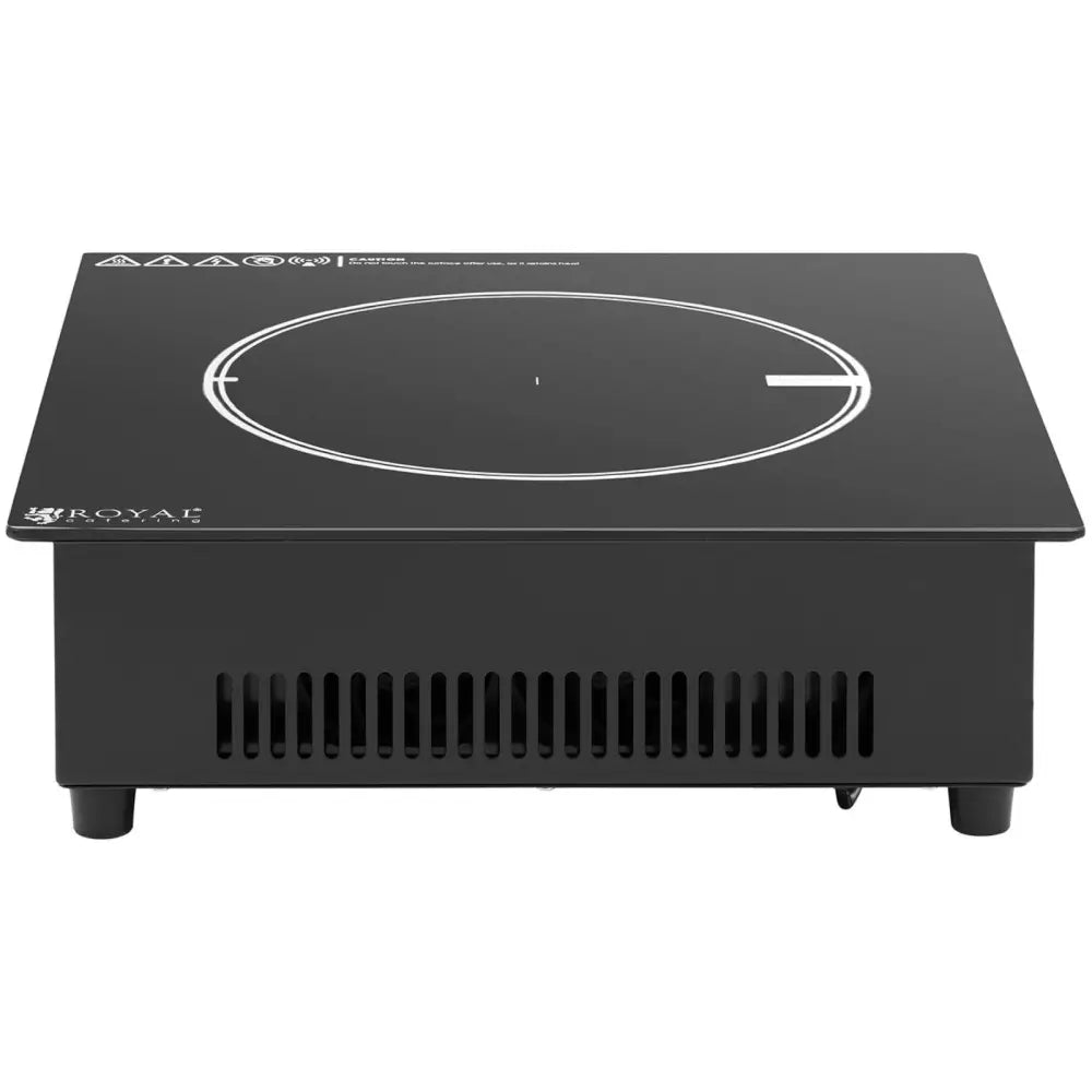 Induksjonskokeplate med én varmesone, frontvisning med synlige ventilasjonsåpninger og markert kokeområde.