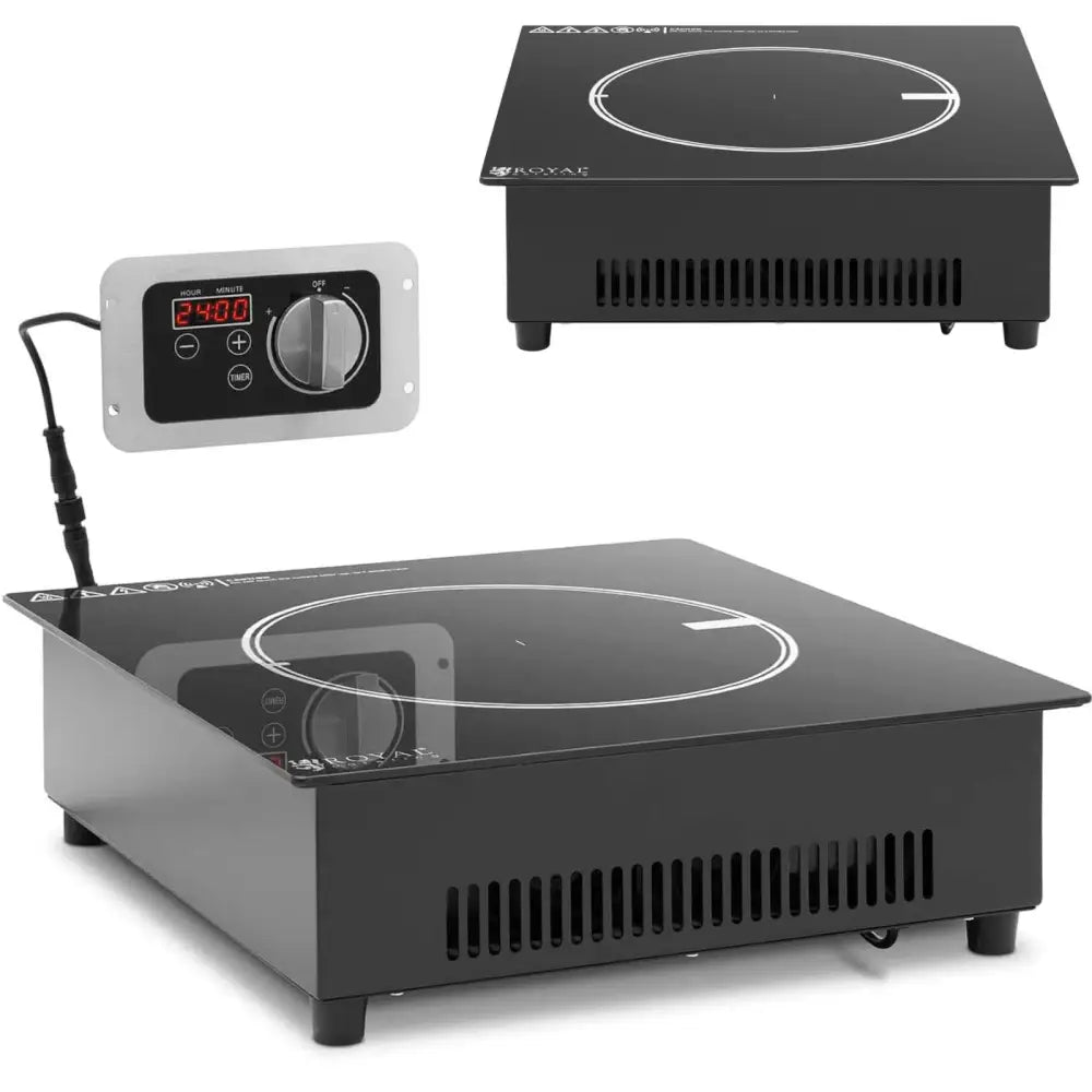 Induksjonskokeplate med én varmesone, skråvisning av sort glass og metall med digitalt kontrollpanel.