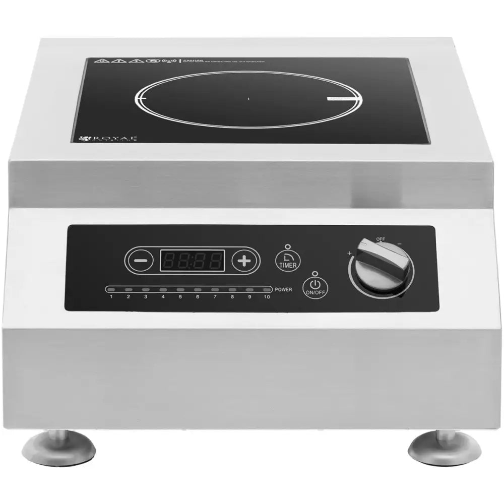 Induksjonskomfyr med én plate, frontvisning av sort glass-topp, digitalt panel og stor dreiebryter for effekt.