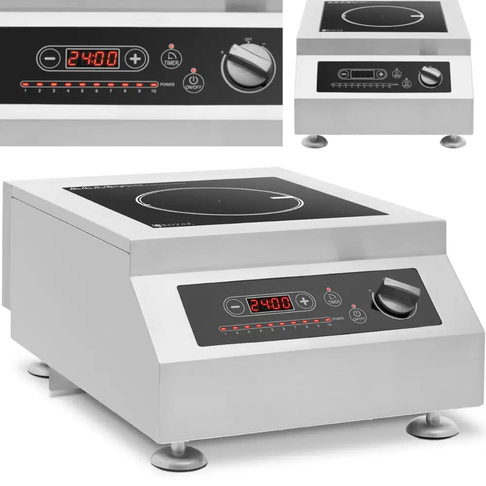 Induksjonskomfyr med én varmeplate, skrå forfra, viser digitalt panel, trykknapper og dreiehjul.