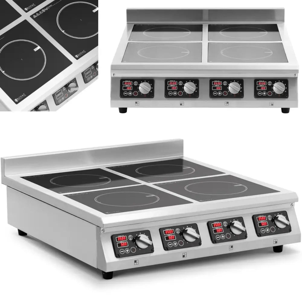 Induksjonstopp med fire brennere i rustfritt stål, digitalt display og dreieknapper, sett skrått ovenfra.