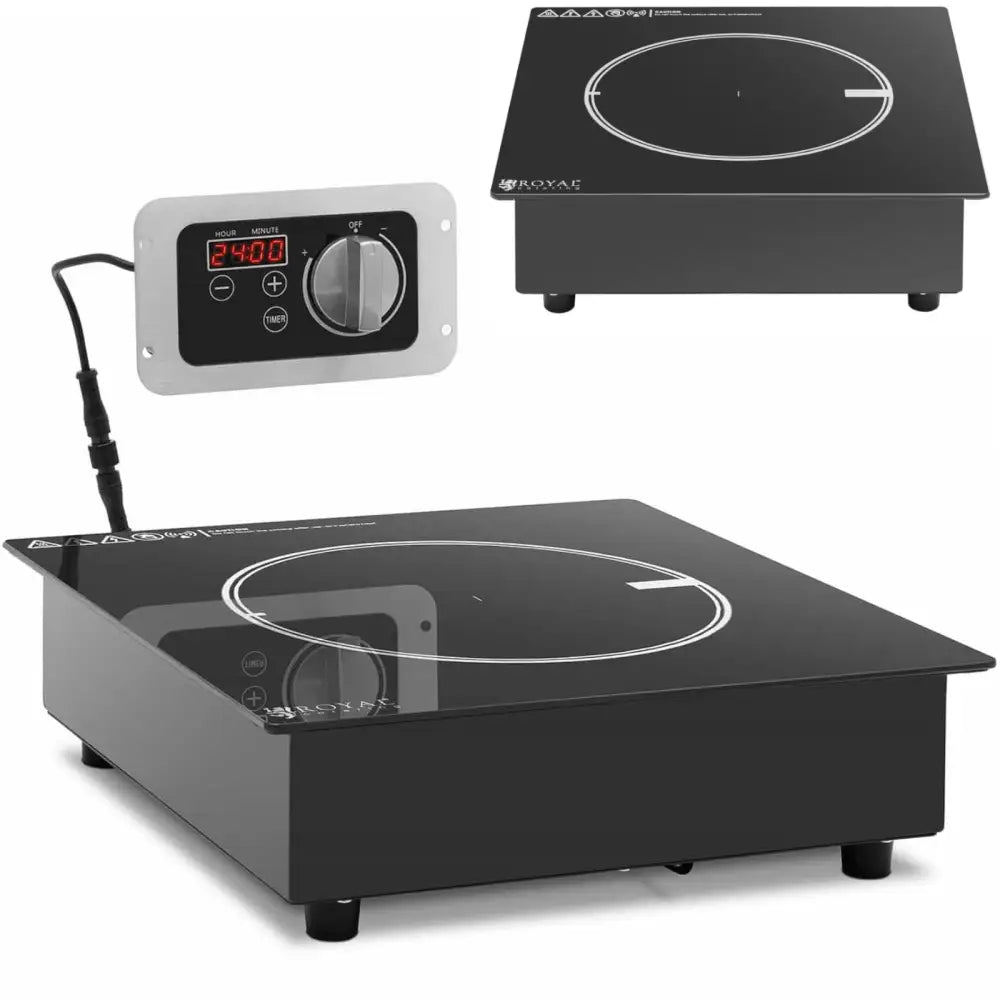 Induksjonstopp med én varmesone, glassoverflate og hvit sirkel, digitalt panel med dreiehjul.