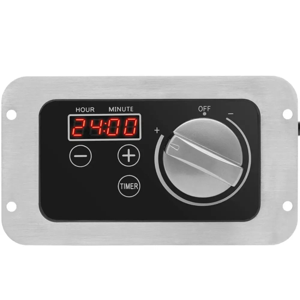 Induksjonstopp med én varmesone, frontvisning av kontrollpanel med digitalt display og sølvfarget dreiehjul.