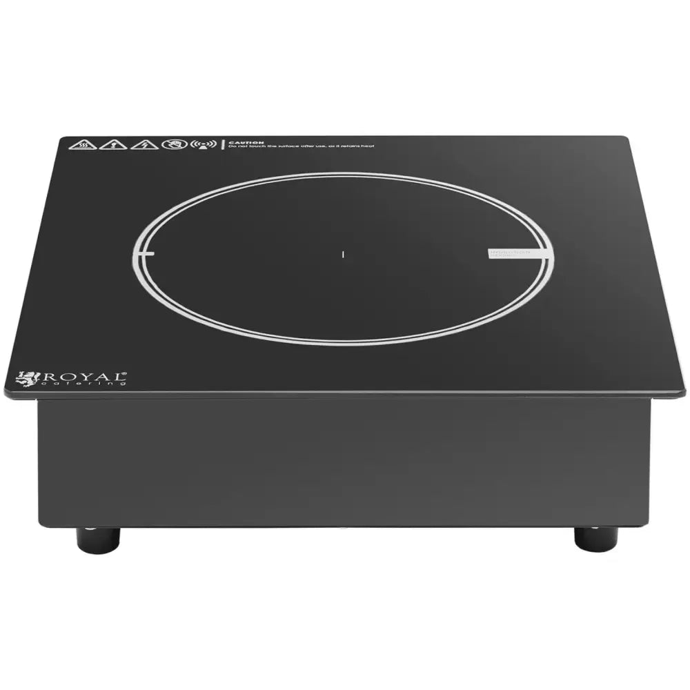 Induksjonstopp med én varmesone, frontbilde med hvit sirkelmarkering, små føtter og synlig logo.