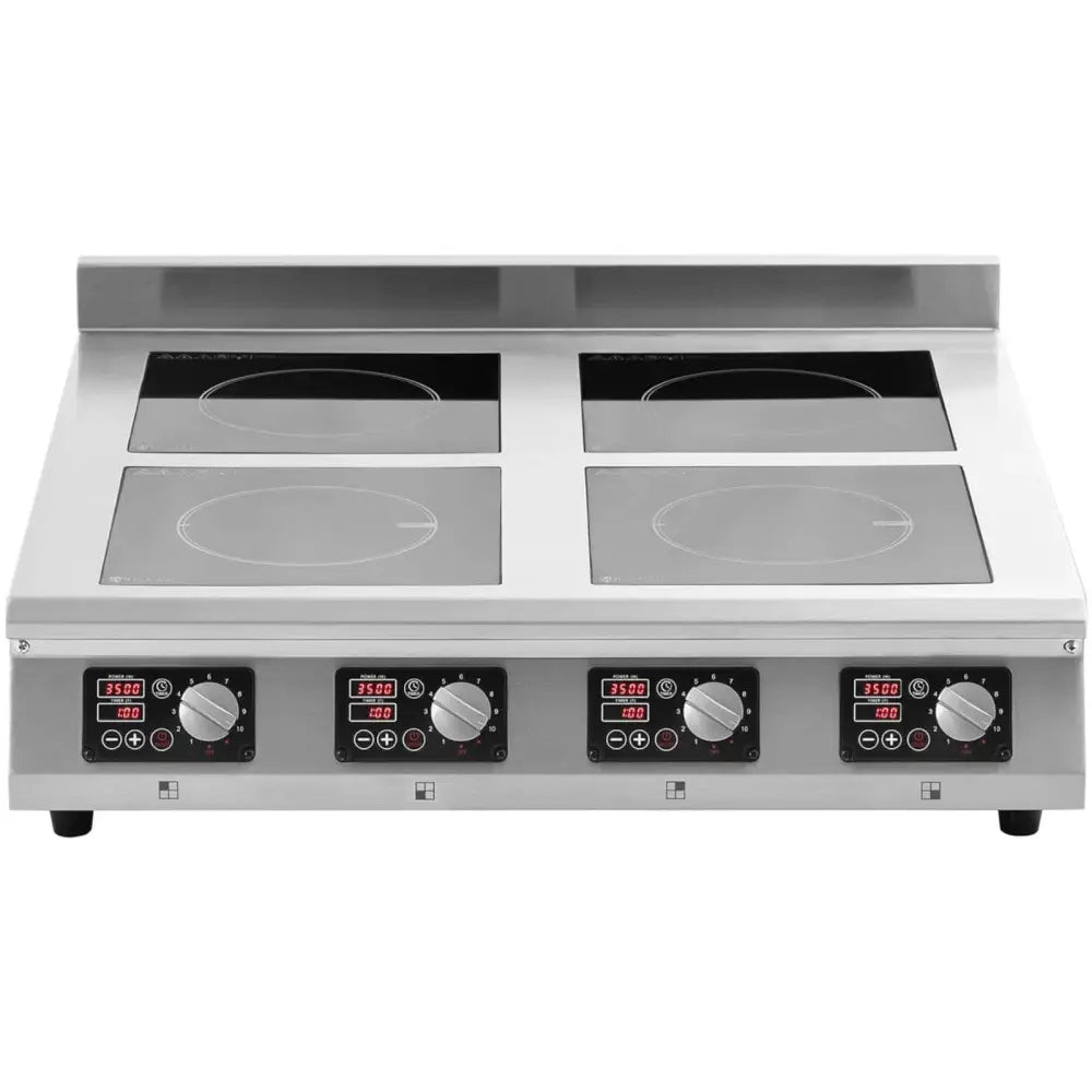 Induksjonstopp med fire kokesoner, frontvisning med separate digitale skjermer og brytere for hver sone.