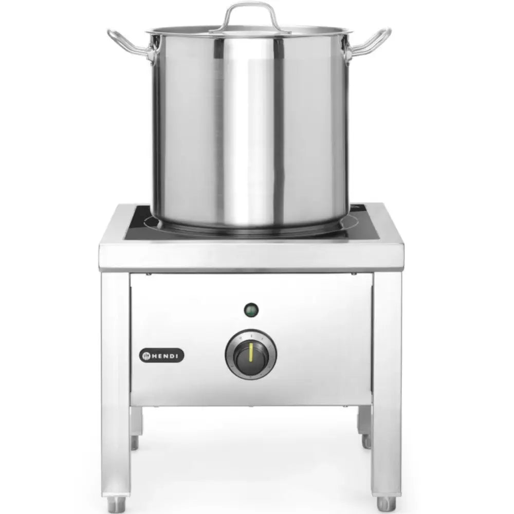 Induksjonstopp med stor rustfri kjele og lokk, frontvisning av kokeplate i stål mot hvit bakgrunn.