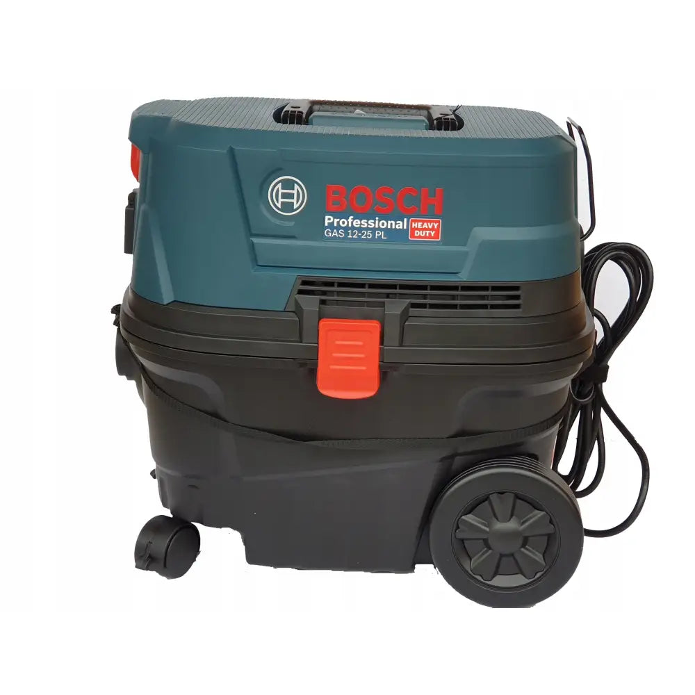 Industriell støvsuger Bosch Gas, blå og svart modell med store hjul, bærehåndtak og sammenrullet strømkabel.