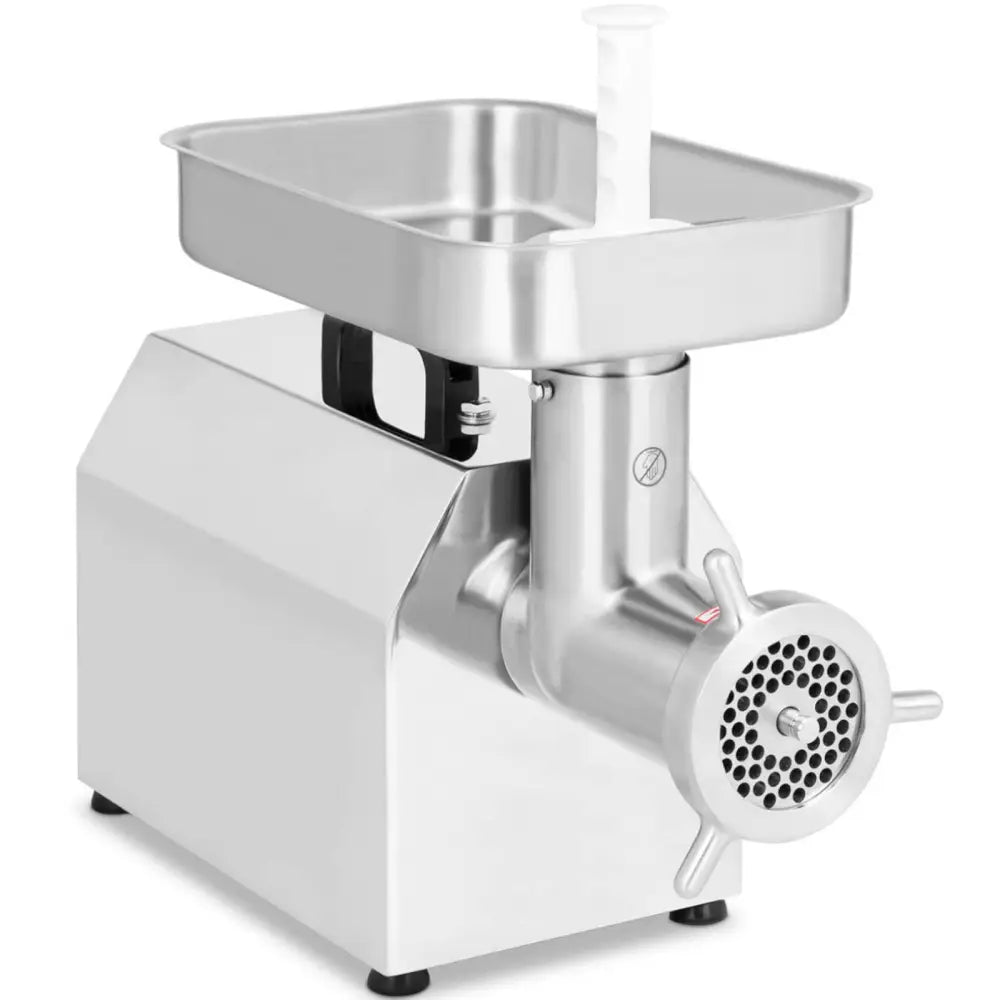 Industriell kjøttkvern i rustfritt stål, skrå forsidevisning med stor matbrett og utløp med hullrist.