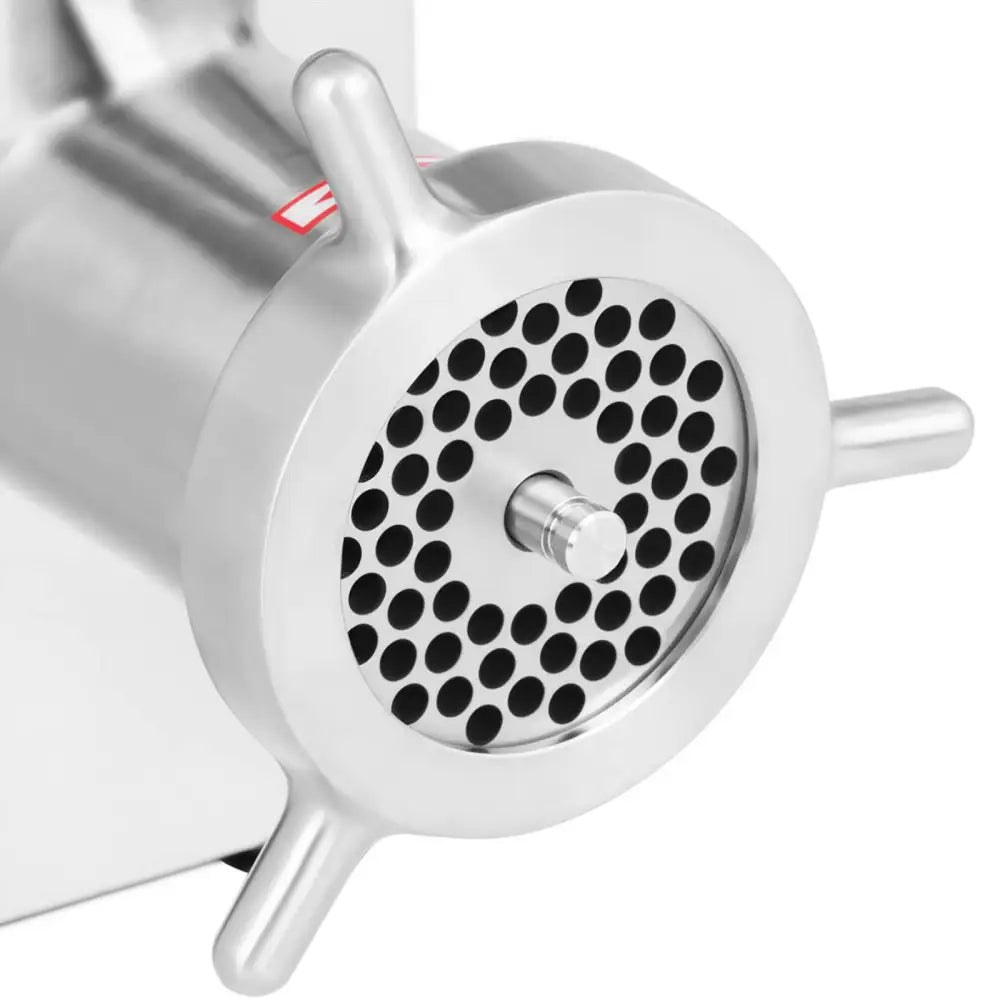 Industriell kjøttkvern med 1100W, sidevisning som fremhever frontens runde hullplate og tre håndtak.