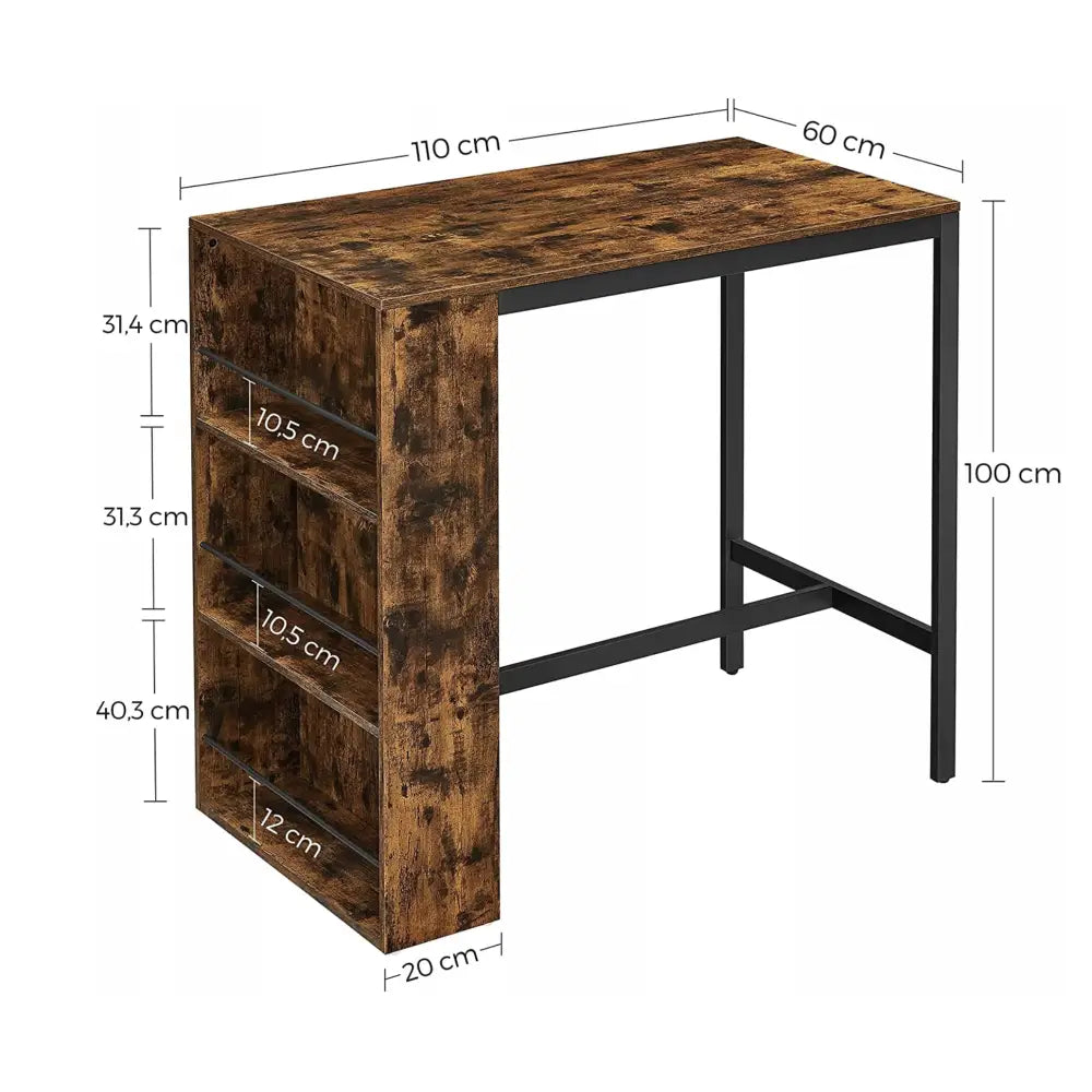 Industrielt loft barbords skråvisning, rustikk treoverflate, sorte metallben og sidehylle med synlige mål.
