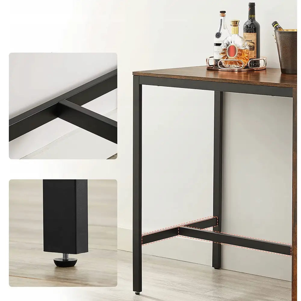 Industriell loft barbord med rustikk mørk treplate, sidehylle og solide svarte metallben med justerbare føtter.