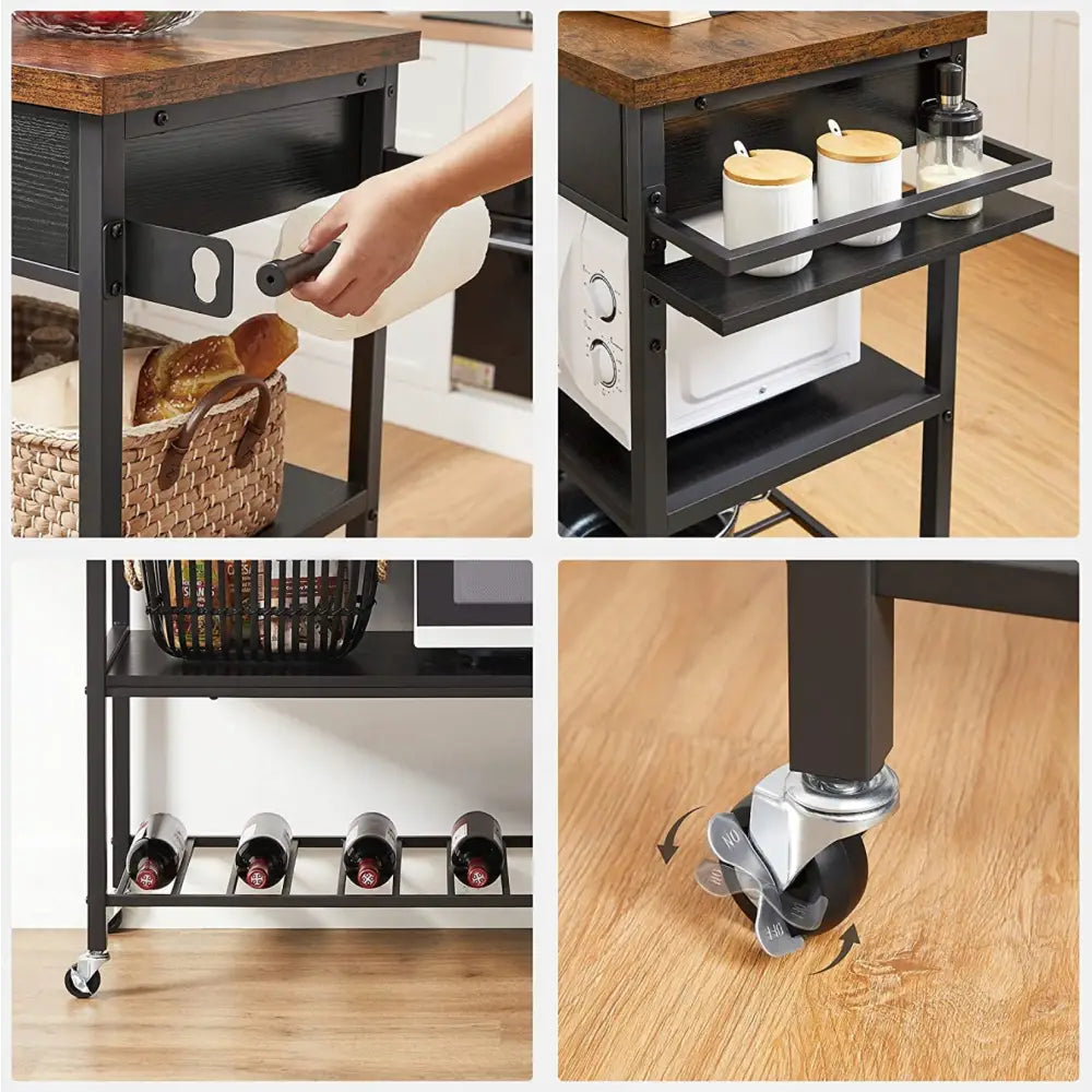 Industriell loft kjøkkenøy vogn, detaljnærbilder av papirrullholder, krushylle, vinflaskeholder og låsbare hjul.