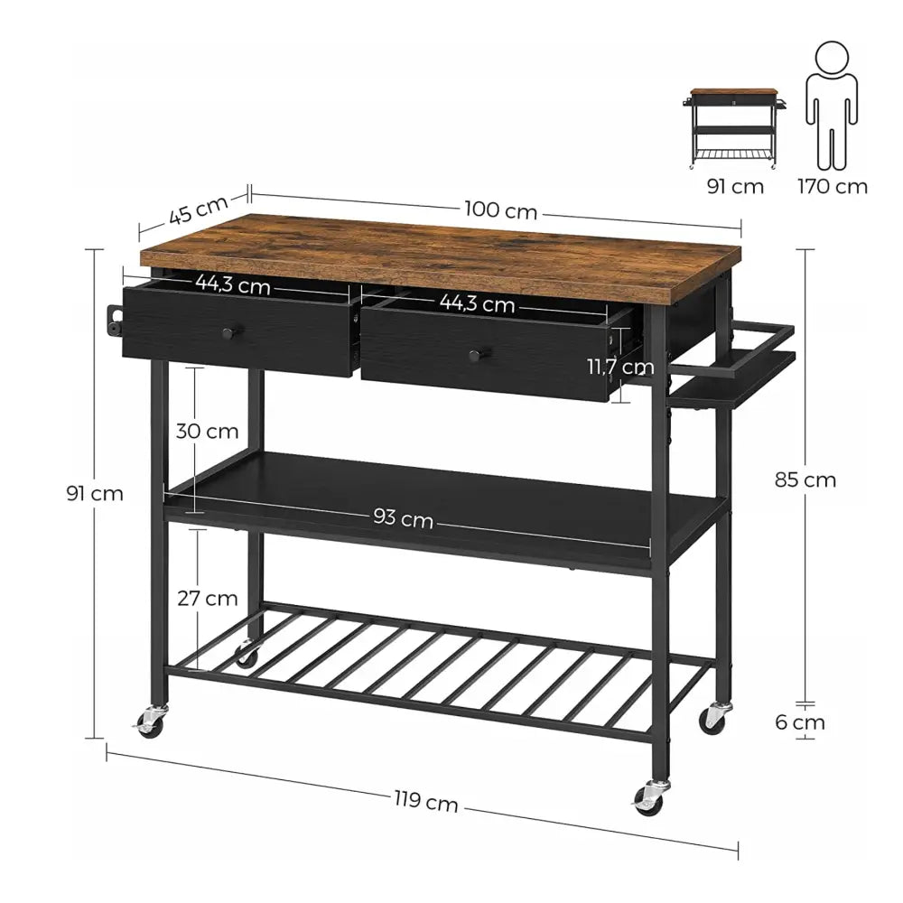 Industriell loft kjøkkenøy vogn, sidevisning med tydelig markerte mål på skuffer, hylle og total høyde.