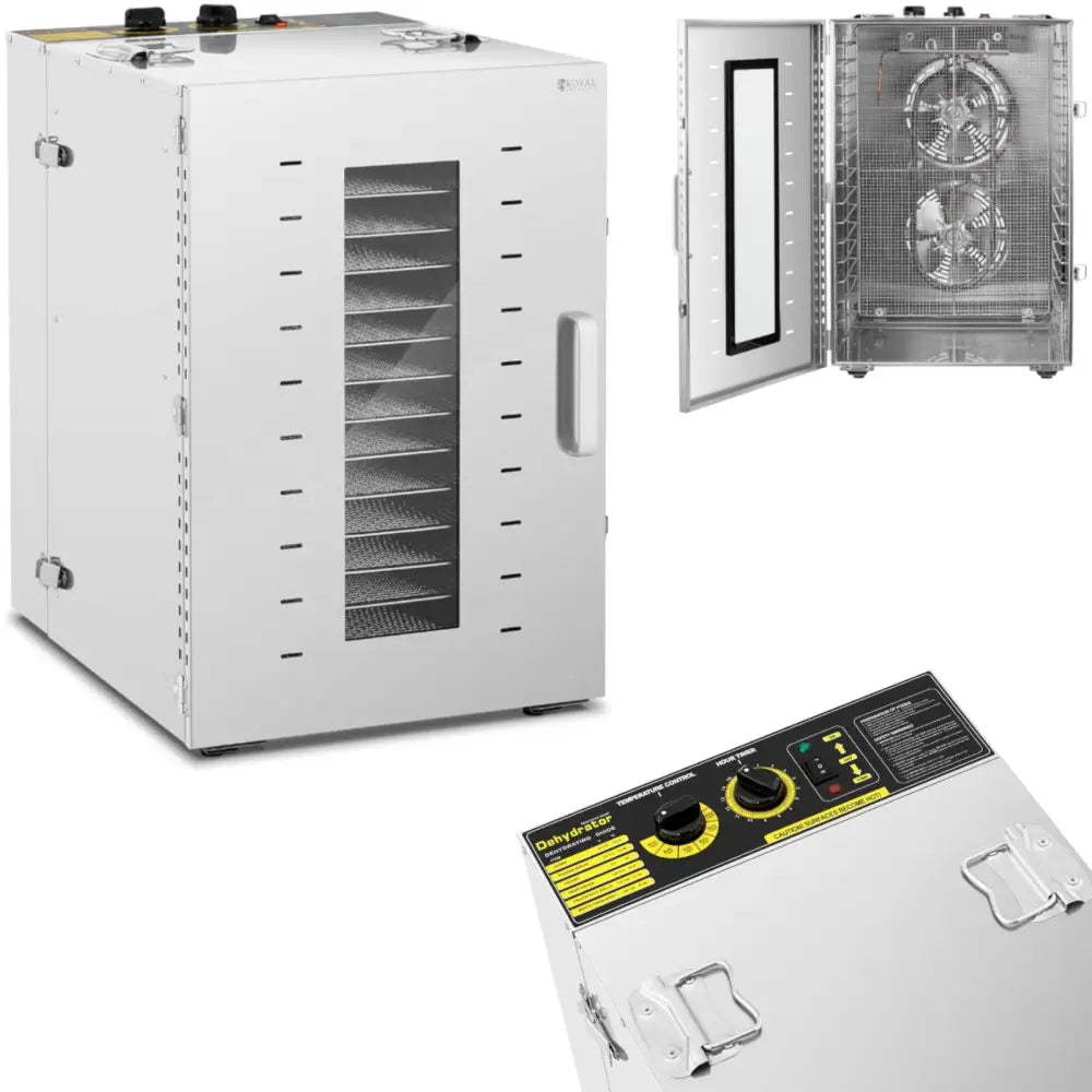 Industriell mat dehydrator med 16 hyller, rustfritt stål, skrå vinkel som viser vindu og kontrollpanel.