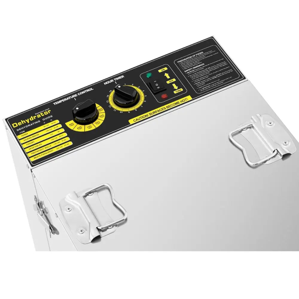 Industriell mat dehydrator med 16 hyller, detaljerte kontrollpaneler og solide metallhåndtak sett skrått ovenfra.