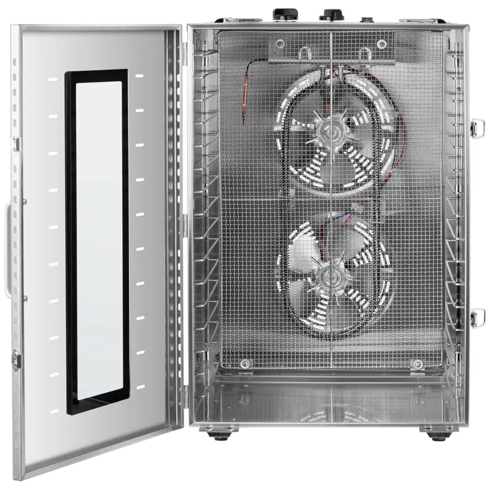 Industriell mat dehydrator med åpen dør, viser 16 hyller og doble vifter bak nettinggitter.