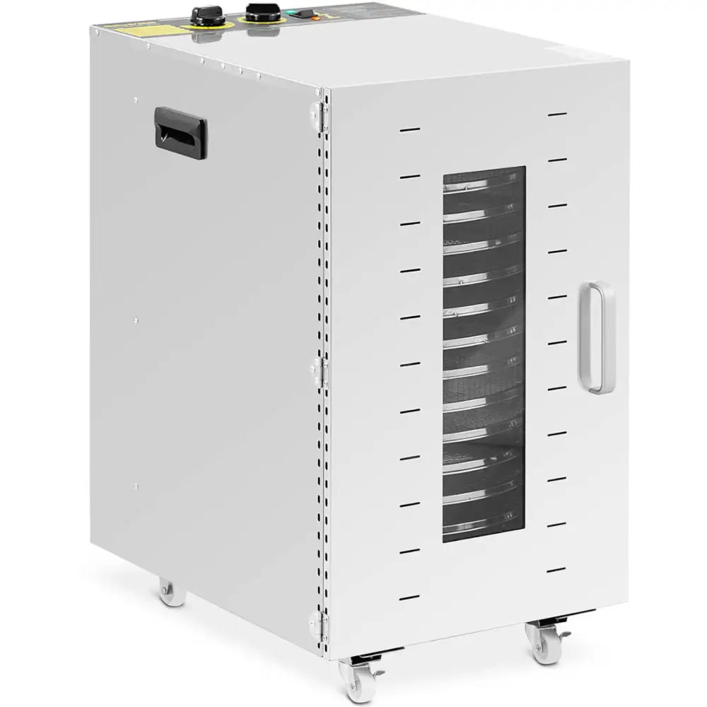 Industriell tørketrommel for urter og grønnsaker, ett kammer med 16 hyller, sett skrått forfra med hjul.