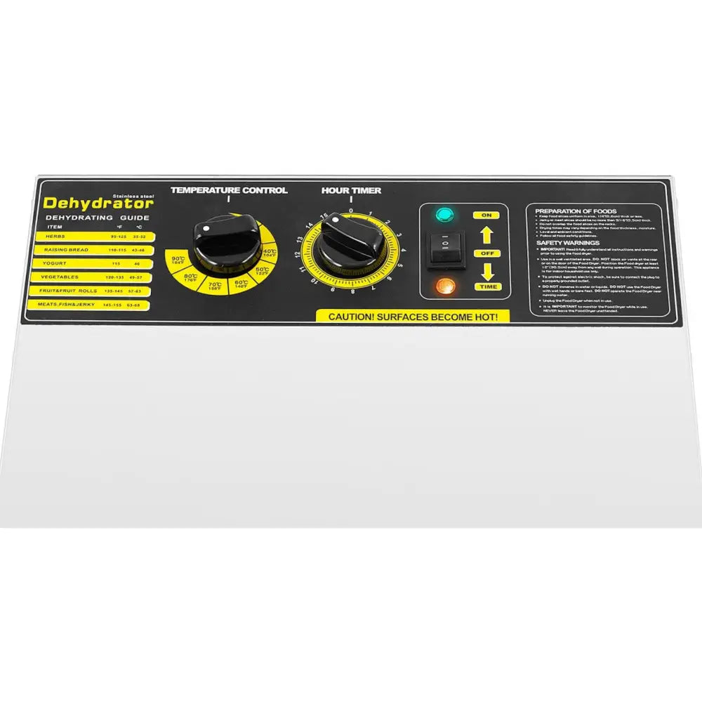 Industriell tørketrommel, nærbilde av kontrollpanel med to dreieknapper, av/på-bryter og tydelige instruksjoner.