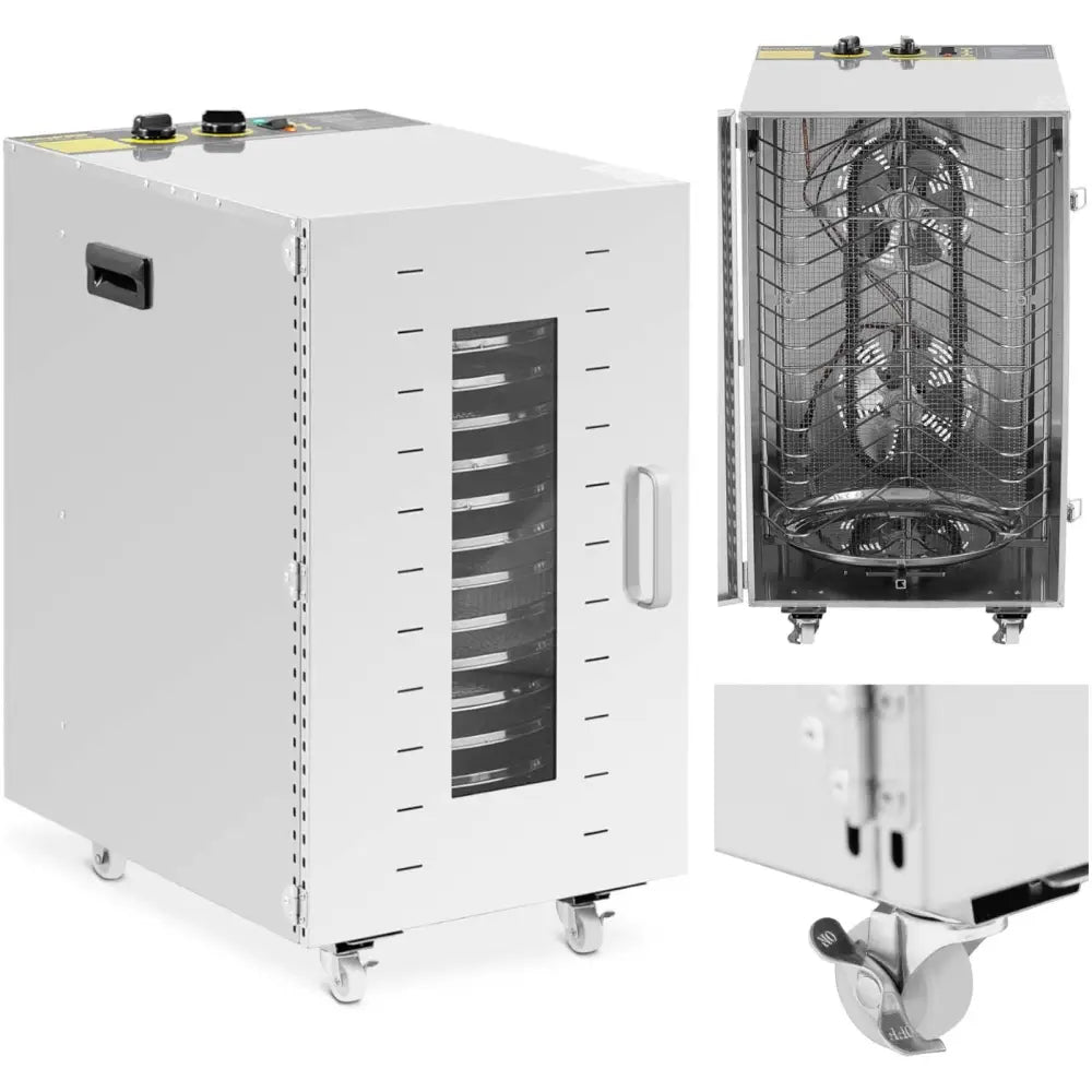 Industriell tørketrommel for mat, urter og grønnsaker med ett kammer, 16 hyller og frontvindu.