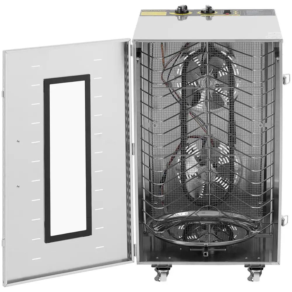 Industriell tørketrommel for mat, urter og grønnsaker med 16 hyller, åpen dør og synlige vifter bak netting.