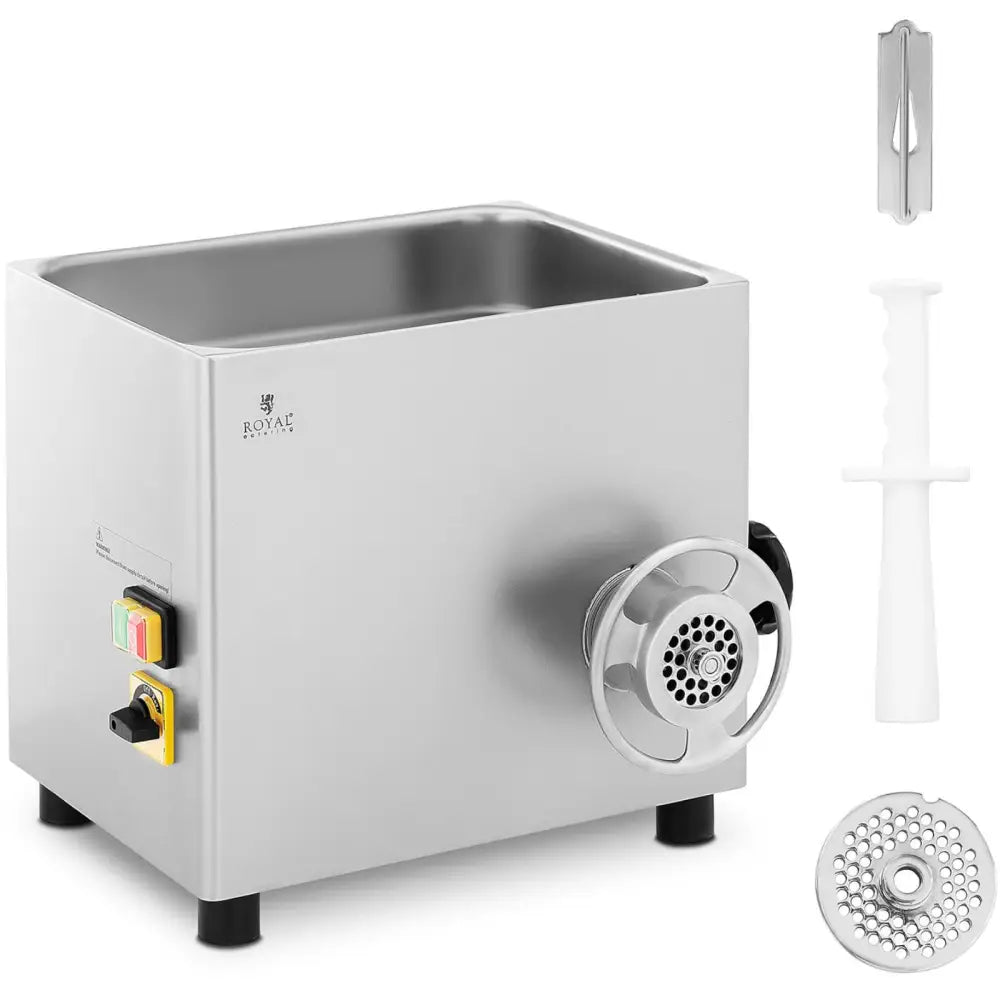 Industriell kjøttkvern 800W i børstet stål, skråvisning med tilbehør og fargekodede brytere synlig.