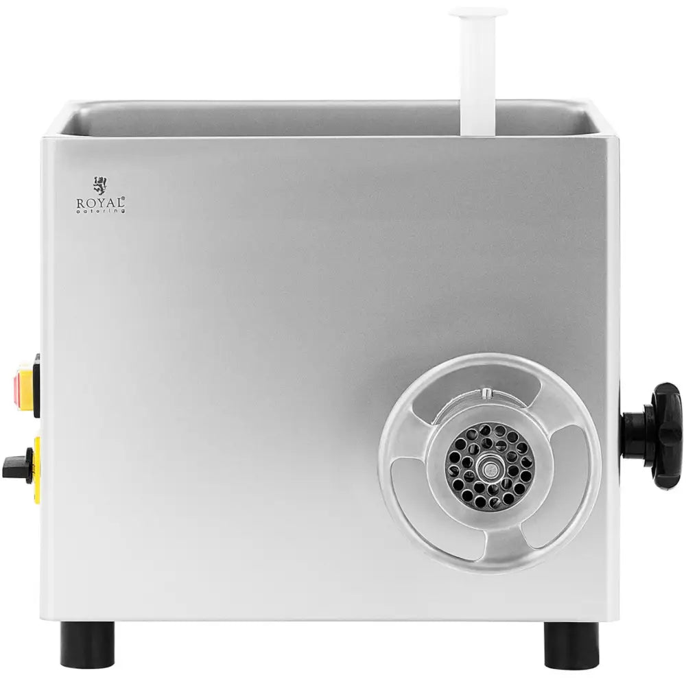 Industriell kjøttkvern 800W, frontvisning med hullskive, sorte bein og synlige kontrollknapper på siden.