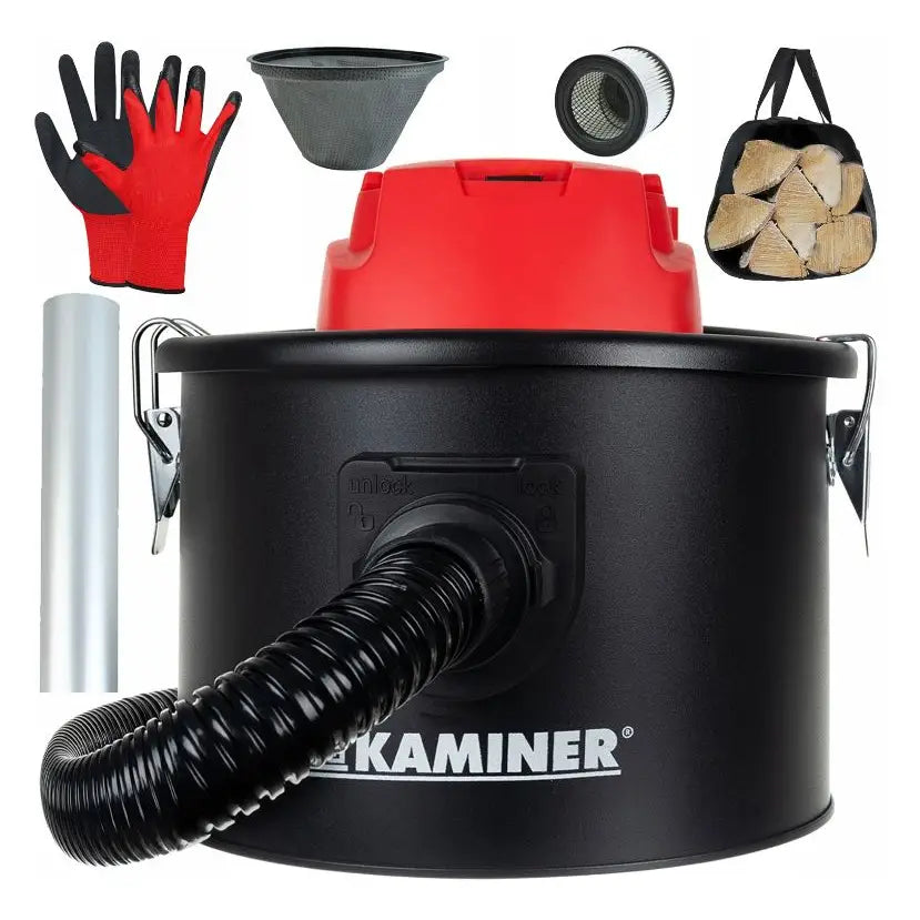 Industriell posefri støvsuger for peis 10L, frontvisning med slange, hansker, metallrør, filtre og vedbag.