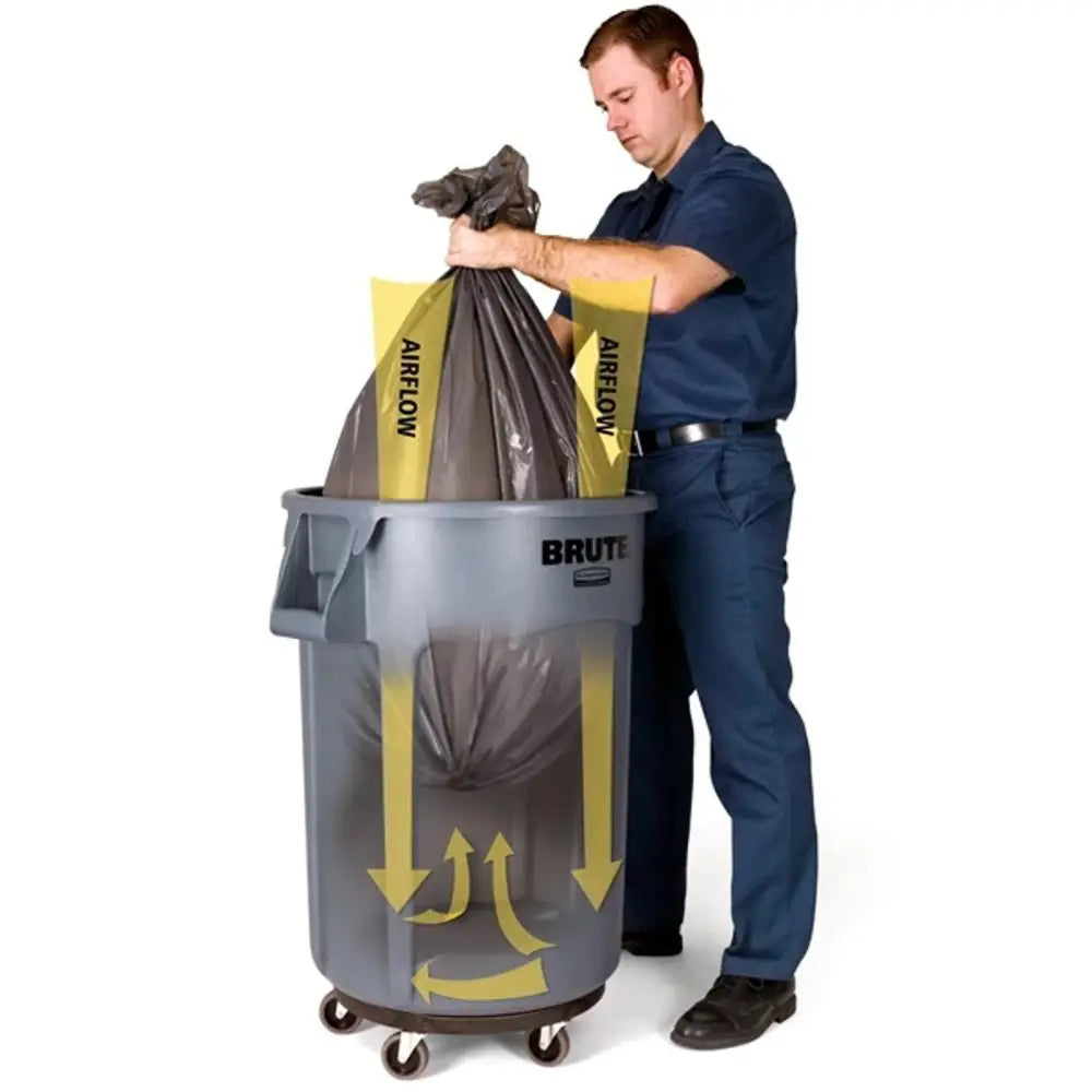 Industriell søppel- og matavfallsbeholder BRUTE, grå bøtte på hjul med sekk som løftes ut, synlig luftstrøm.