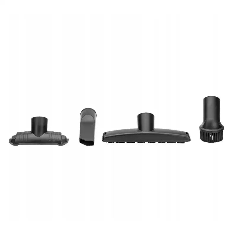 Fire svarte plastmunnstykker til industriell støvsuger, ulike former og detaljer vises tydelig på hvit bakgrunn.